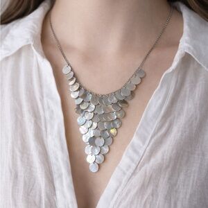 Statement Mother of Pearl Necklace | Iridescent Disc Bib | Silver Tone